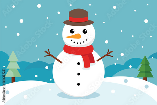 Cute snowman with red Santa hat and scarf smiling in the winter snow. Happy Christmas character illustration for holiday greeting card vector