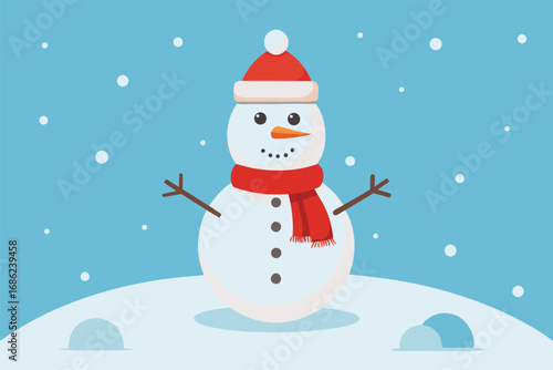 Cute snowman with red Santa hat and scarf smiling in the winter snow. Happy Christmas character illustration for holiday greeting card vector