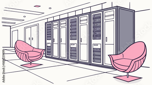 Illustration of data center server room with pink chairs and modern interior design concept art