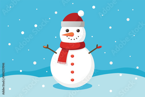 Cute snowman with red Santa hat and scarf smiling in the winter snow. Happy Christmas character illustration for holiday greeting card vector