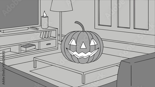 Halloween pumpkin carving ideas in living room interior design, halloween decoration and celebration