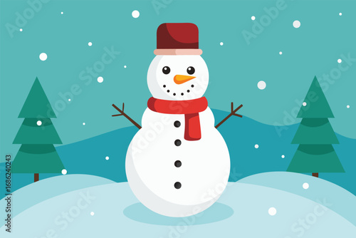 Cute snowman with red Santa hat and scarf smiling in the winter snow. Happy Christmas character illustration for holiday greeting card vector