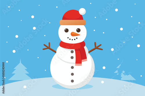 Cute snowman with red Santa hat and scarf smiling in the winter snow. Happy Christmas character illustration for holiday greeting card vector