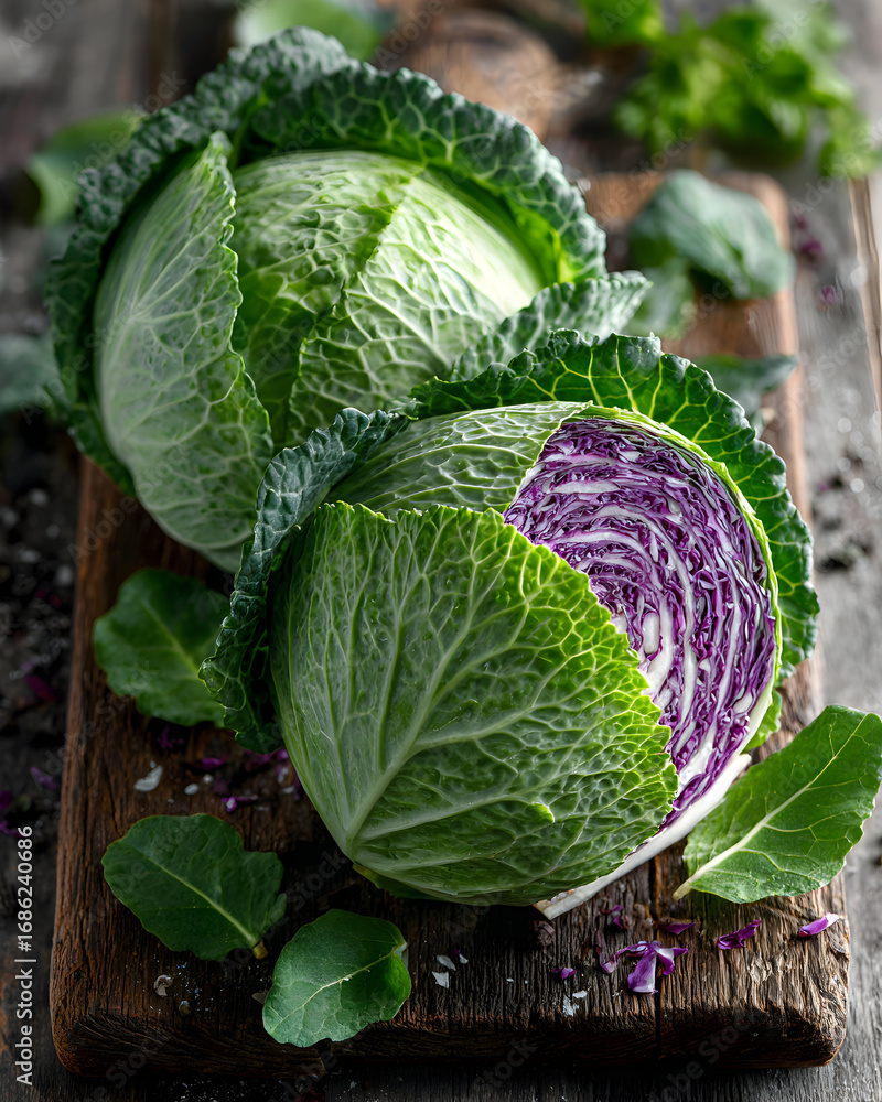 Fototapeta premium Two cabbages on a wooden cutting board