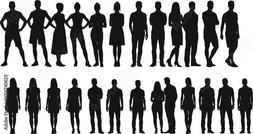 Group of diverse silhouettes standing together, men and women in casual and formal wear, teamwork concept, isolated white background