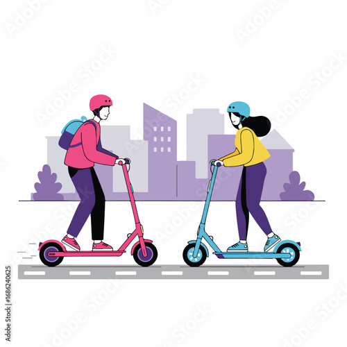 Two people ride electric scooters on a road City buildings are in the background