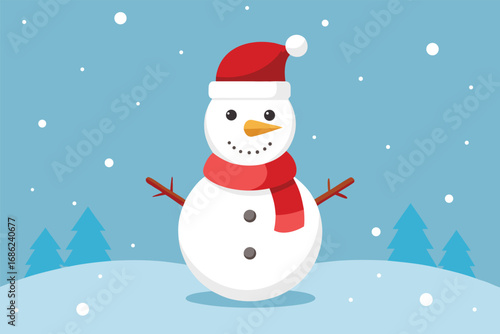 Cute snowman with red Santa hat and scarf smiling in the winter snow. Happy Christmas character illustration for holiday greeting card vector