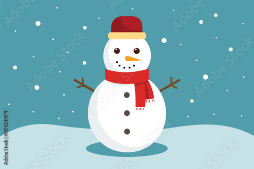 Cute snowman with red Santa hat and scarf smiling in the winter snow. Happy Christmas character illustration for holiday greeting card vector