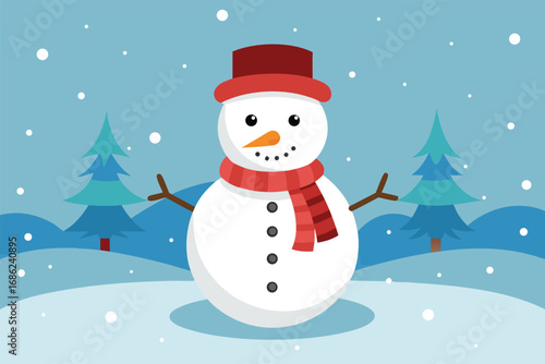 Cute snowman with red Santa hat and scarf smiling in the winter snow. Happy Christmas character illustration for holiday greeting card vector