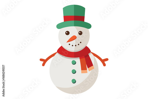 Cute snowman with red Santa hat and scarf smiling in the winter snow. Happy Christmas character illustration for holiday greeting card vector