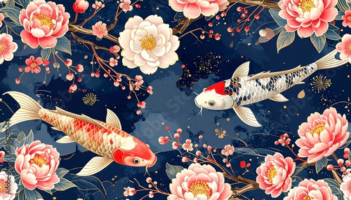 Floral koi fish pattern