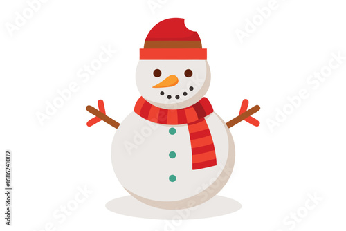 Cute snowman with red Santa hat and scarf smiling in the winter snow. Happy Christmas character illustration for holiday greeting card vector