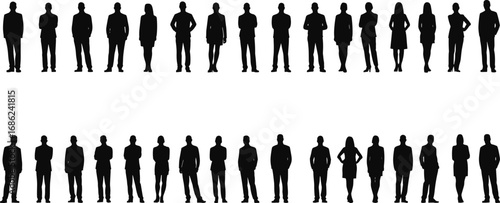 Business people silhouettes standing in formal attire, group of diverse professionals, teamwork concept, corporate office workers isolated white background