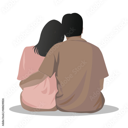 A Couple Sitting Side by Side Facing Away with a Warm Color Palette and Minimalist Style