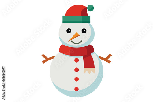Cute snowman with red Santa hat and scarf smiling in the winter snow. Happy Christmas character illustration for holiday greeting card vector