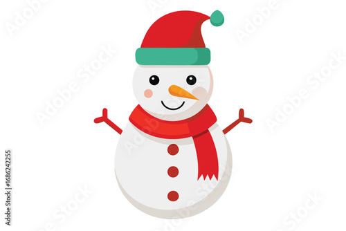 Cute snowman with red Santa hat and scarf smiling in the winter snow. Happy Christmas character illustration for holiday greeting card vector