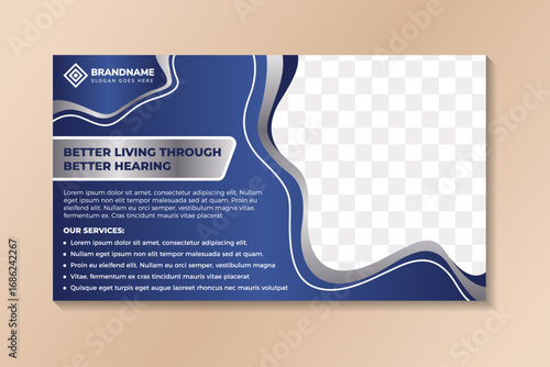 hearing exams and hearing aid services flyer illustration template design. the example of headline is better living through better hearing. liquid concept poster use combination blue and grey gradient