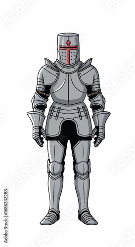 Full Body Medieval Knight in Shining Armor with Red Cross Emblem on Helmet.