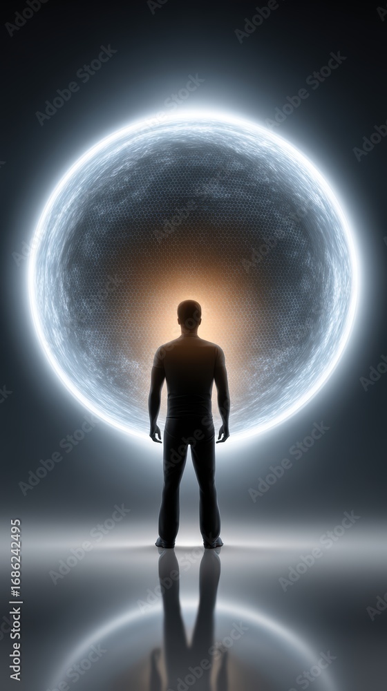 Fototapeta premium Man contemplating large white form, a study in scale and abstraction