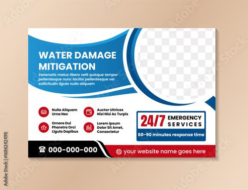 water damage mitigation template banner design layout poster with background and infographic icon element with space for photo