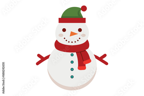 Cute snowman with red Santa hat and scarf smiling in the winter snow. Happy Christmas character illustration for holiday greeting card vector