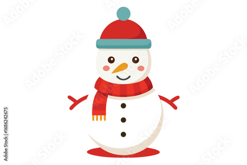 Cute snowman with red Santa hat and scarf smiling in the winter snow. Happy Christmas character illustration for holiday greeting card vector