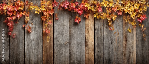 Rustic wooden wall adorned with vibrant autumn leaves in warm red orange and yellow colors creating an inviting seasonal backdrop