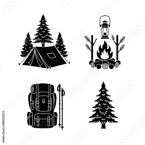 Camping essentials: tent, campfire, backpack, hiking poles, and pine trees.