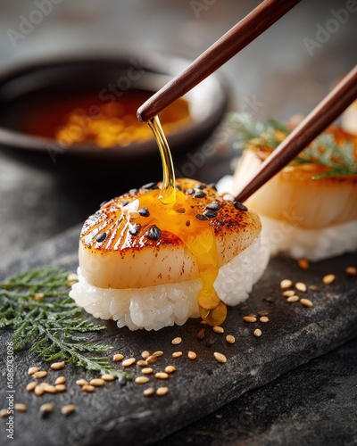 Exquisite Sushi Presentation with Scallops and Flavorful Sauce