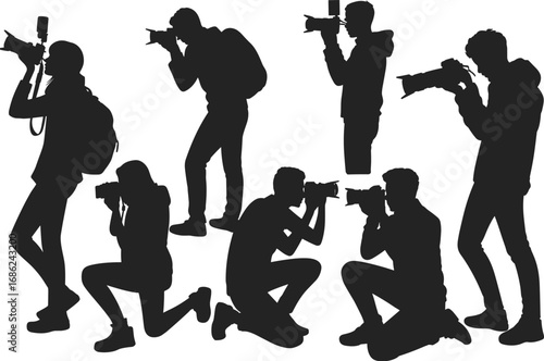 Photographer silhouettes, people taking photos, camera operator poses, travel photography concept, black figure icons, professional photo shoot, outdoor cameraman, isolated vector set