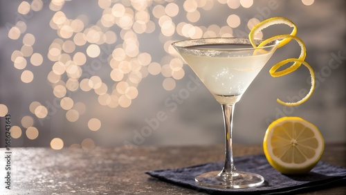 Elegant martini cocktail with lemon garnish and bokeh lights background