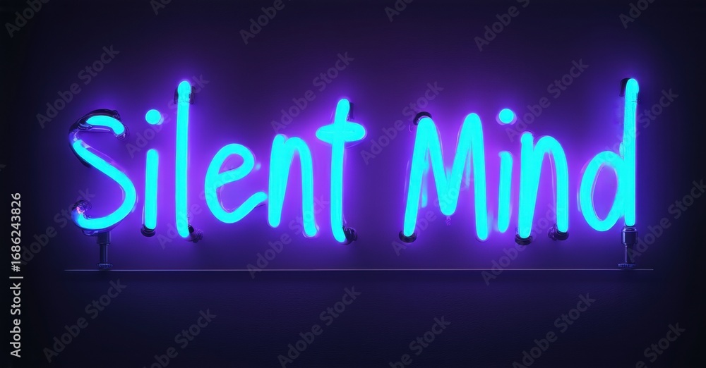 Obraz premium Bright neon sign displays words Silent Mind. Purple background creates dramatic lighting effect. Simple, modern aesthetic.