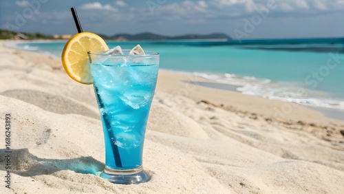 Refreshing blue cocktail with orange slice on sandy beach by the ocean