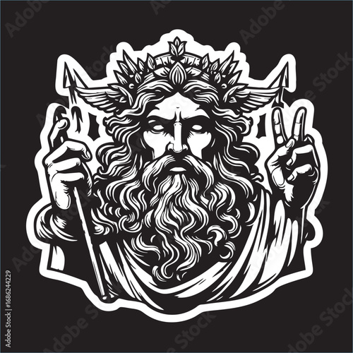 A illustrator of Zeus with black white drawing line 