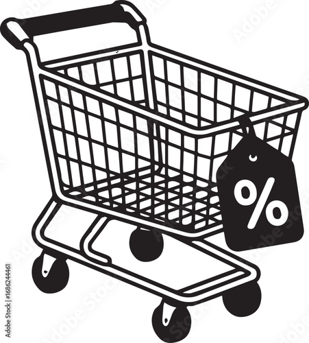 Shopping Cart with Percentage Tag: A detailed illustration of a shopping cart, adorned with a prominent percentage tag, symbolizes sales and promotions.