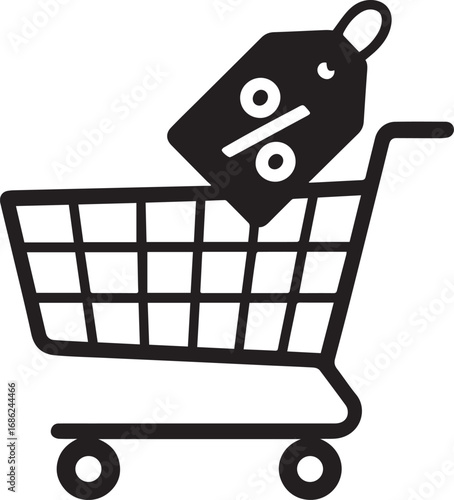 Shopping Cart Discount: A black and white graphic showcases a shopping cart with a price tag displaying a percentage symbol, suggesting a sale or promotional offer, emphasizing value and savings. 
