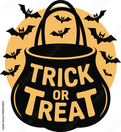 Halloween Treat Bag: A festive illustration of a trick-or-treat bag, brimming with the promise of Halloween festivities, encircled by playful bat silhouettes against an orange backdrop.
