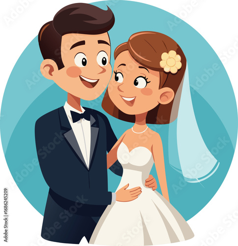 Cartoon Wedding Couple Embracing Happily on Light Blue Background Celebrating Their Marriage and Illustrating Eternal Love and Togetherness