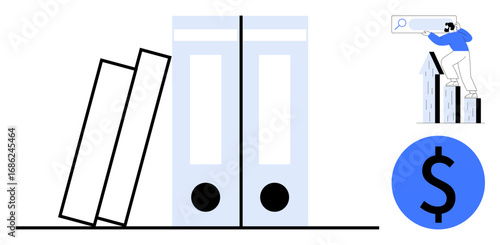 Books and folders symbolize organization and learning, man analyzing charts signifies financial insights. Ideal for education, business strategy, finance, investment, planning, research, self-growth