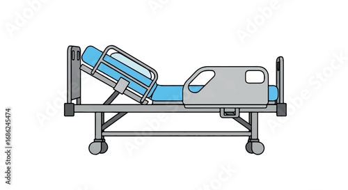 Hospital Bed with Blue Mattress and Adjustable Frame.