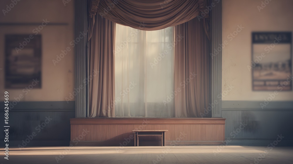 Fototapeta premium Community hall stage with old banner hanging, soft morning daylight, faded neutral palette