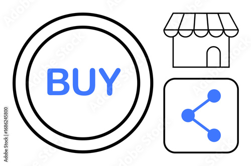 Blue Buy button, storefront outline, and share icon. Ideal for e-commerce, online stores, shopping, technology, digital marketing, social media simple landing page
