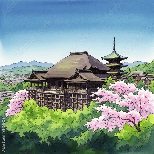 Serene spring vista of a traditional Japanese temple nestled amidst blossoming cherry trees and rolling hills.