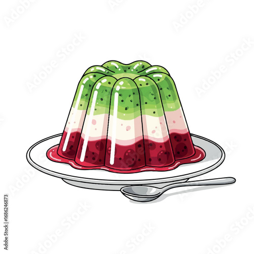 Layered gelatin dessert on a plate with spoon.