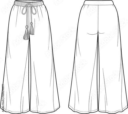 Wide leg pants technical drawing, high waist trousers, elastic waistband with drawstring, tassel detail, loose fit design, front and back view vector
