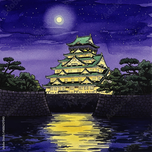 Illuminated Japanese castle reflecting in water under a starry night sky with a bright moon.