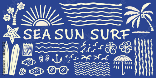 Sea sun surf hand drawn elements collection with tropical beach and ocean icons on blue background