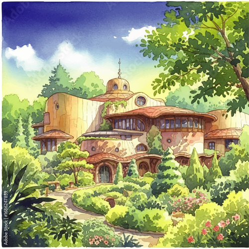 A sunlit Mediterranean-style villa nestled amidst lush, vibrant gardens.