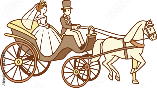 Romantic Wedding Day Carriage Ride Featuring a Bride and Groom Pulled by a Majestic White Horse