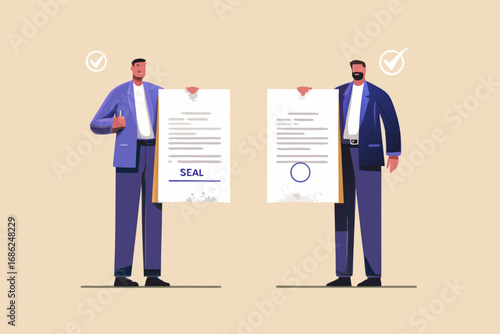 Two businessmen hold up official documents with seals and checkmarks signifying approval and agreement